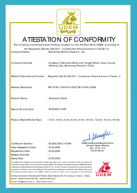 Weihua Glass Certificate