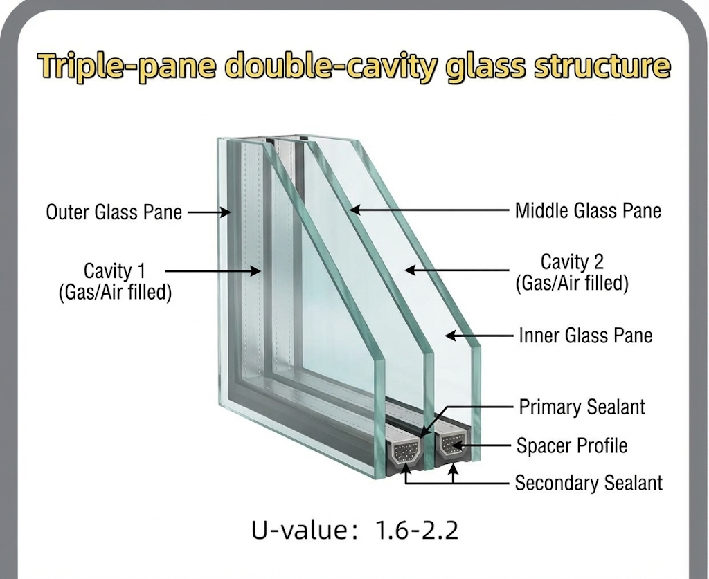 Triple-glass double-cavity insulated glass structure diagram