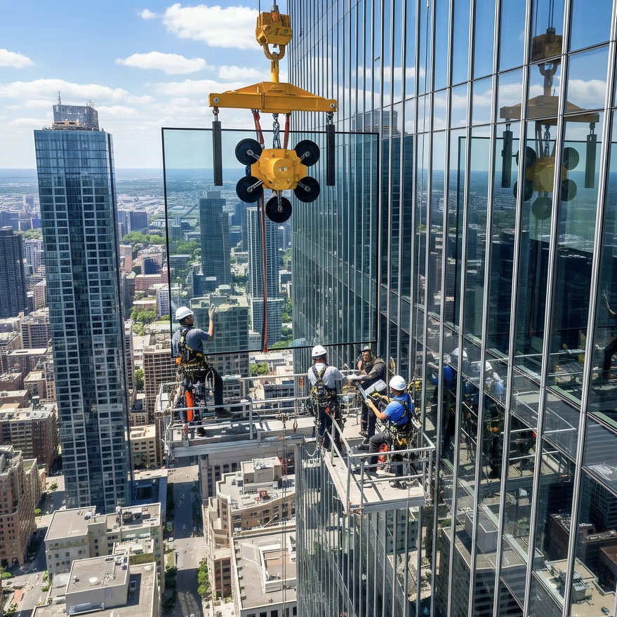 Tower cranes are rapidly hoisting large prefabricated unitized curtain wall glass panels